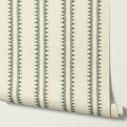 Salvadora Folk Stripes Ivory Teal Wallpaper