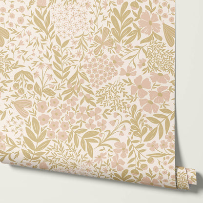 Savannah Garden Grove Floral Gold Pink Wallpaper