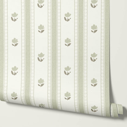 Sawyer Blooming Stripes Sage Wallpaper