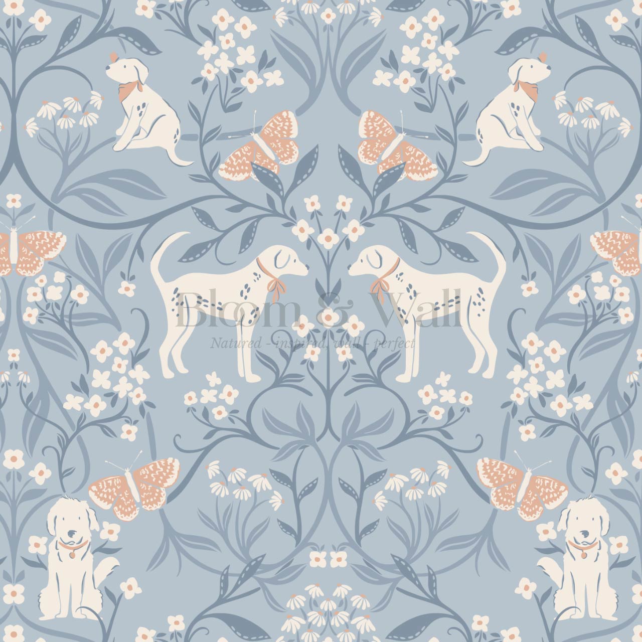 Scottie Puppy Dog Damask Coral Blue Wallpaper