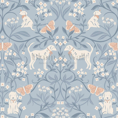Scottie Puppy Dog Damask Coral Blue Wallpaper