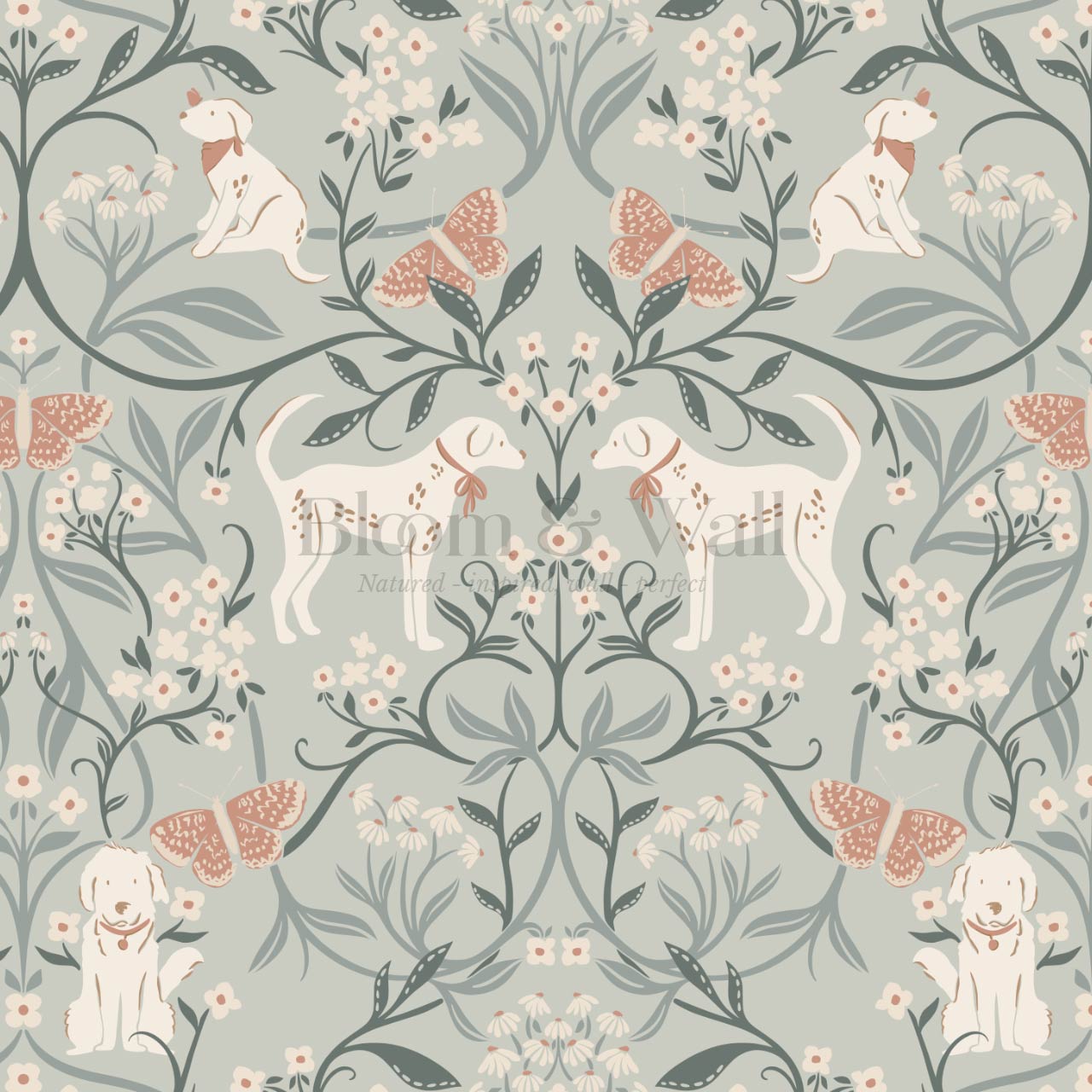 Scottie Puppy Dog Damask Sage Cream Wallpaper