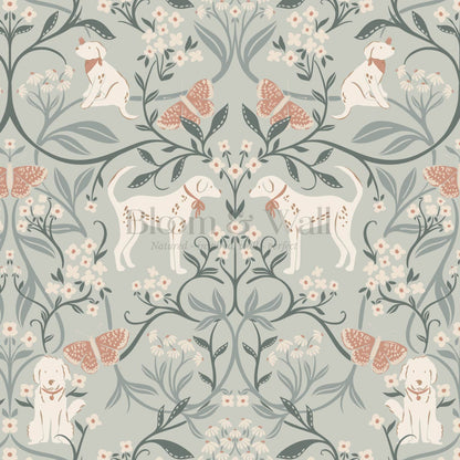 Scottie Puppy Dog Damask Sage Cream Wallpaper