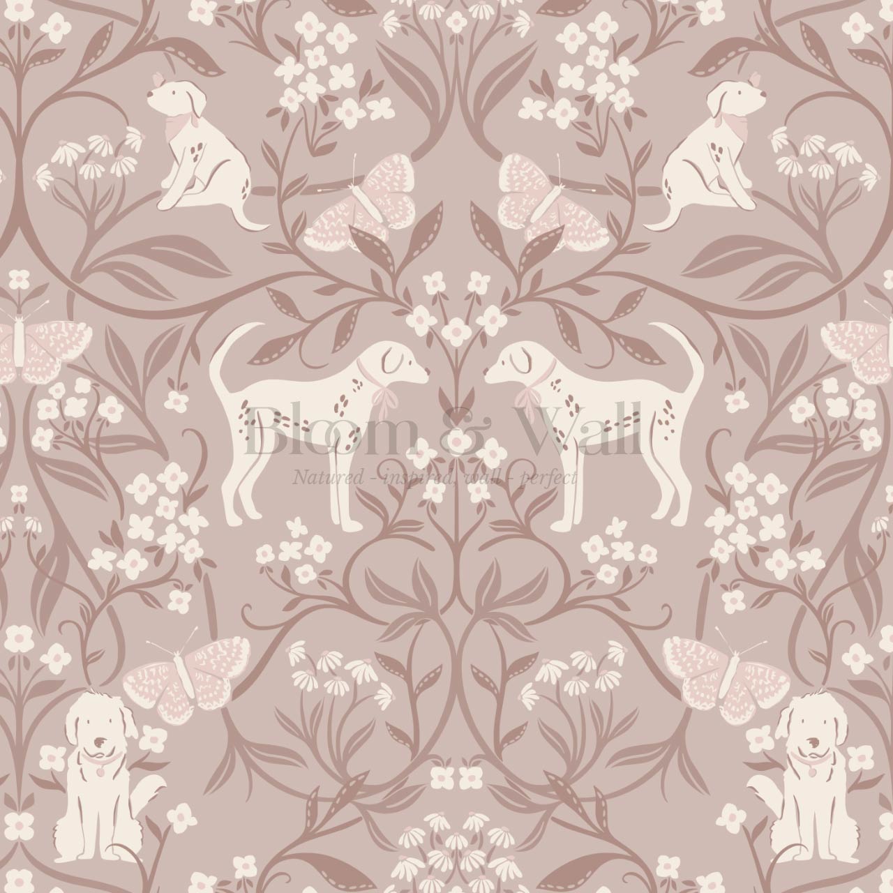Scottie Puppy Dog Damask Mauve Cream Wallpaper