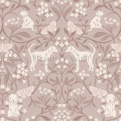 Scottie Puppy Dog Damask Mauve Cream Wallpaper