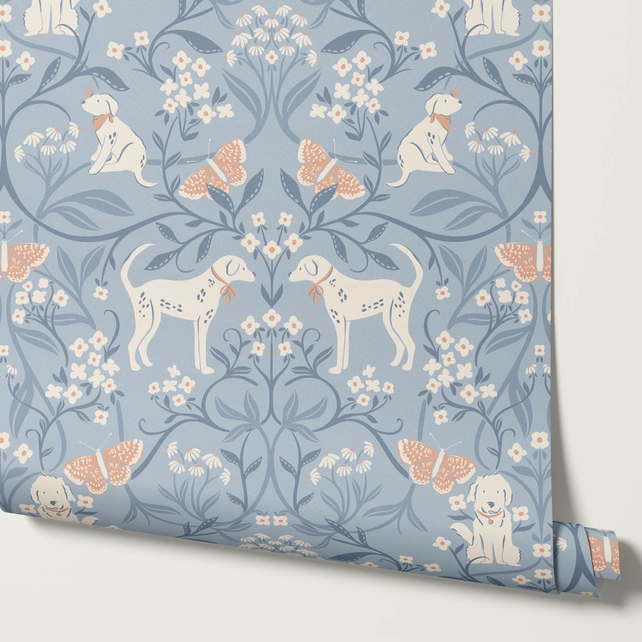 Scottie Puppy Dog Damask Coral Blue Wallpaper