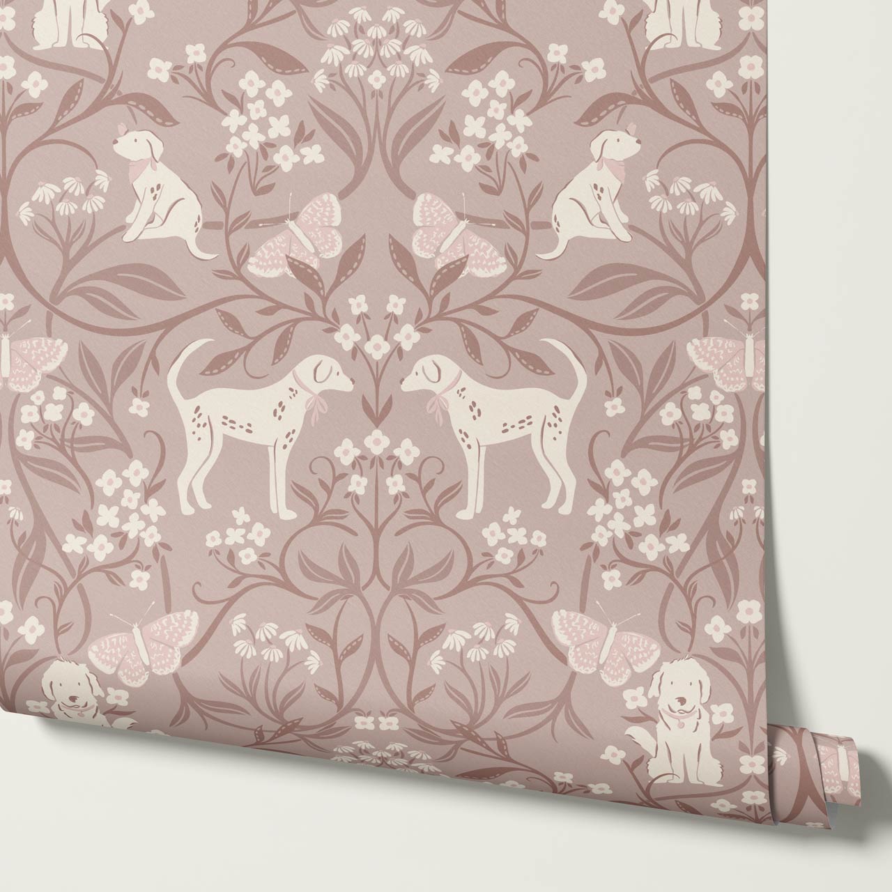 Scottie Puppy Dog Damask Mauve Cream Wallpaper