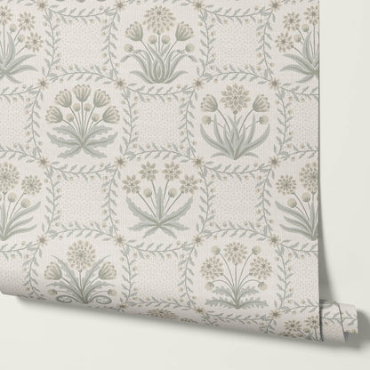 Seila Retro Prairie Check Neutral Ivory Sage Wallpaper