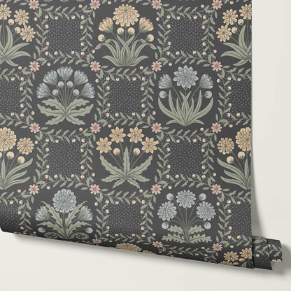 Seila Retro Prairie Check Slate Muted Pastel Wallpaper