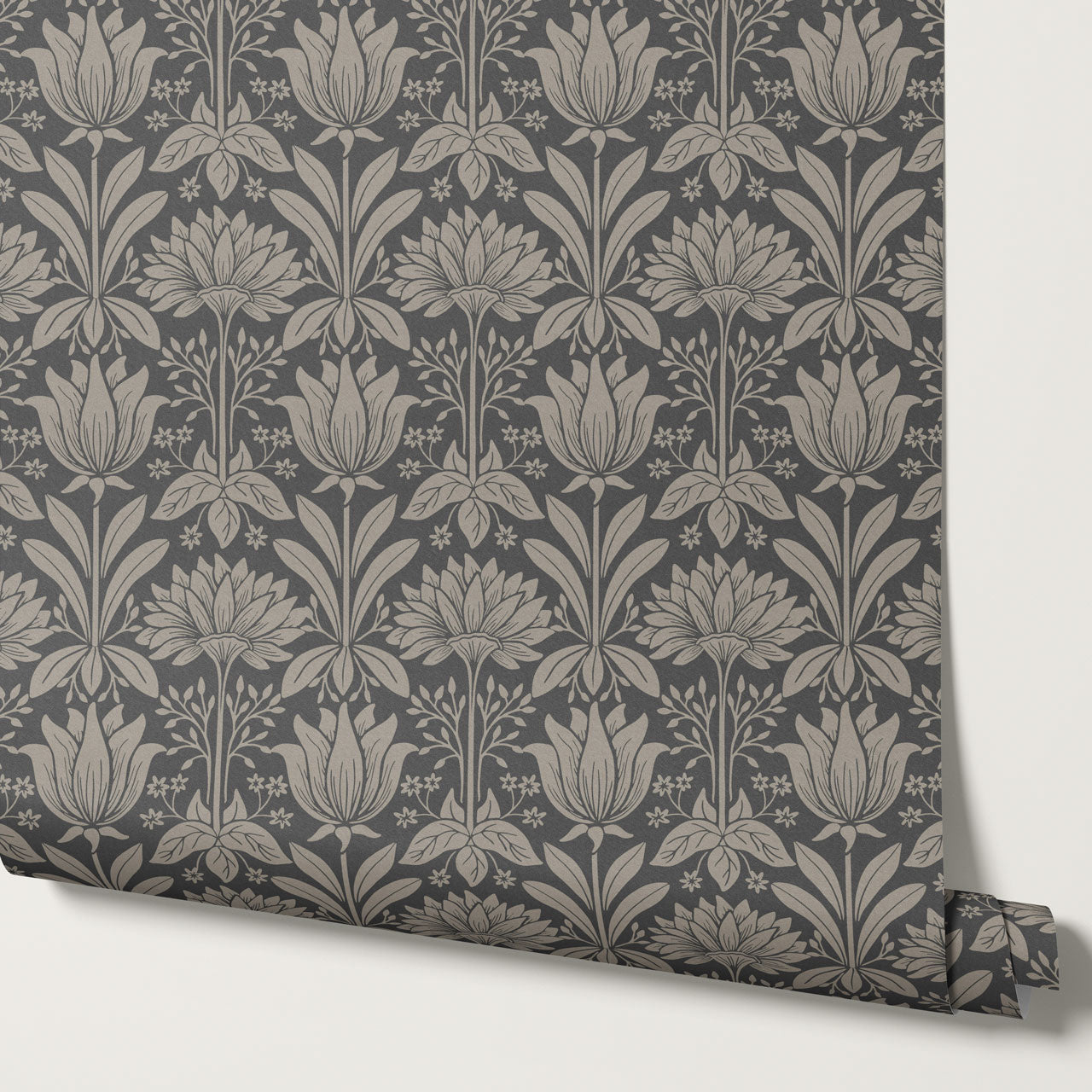 Shiloh Tulip Damask Ash Wallpaper
