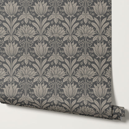 Shiloh Tulip Damask Ash Wallpaper