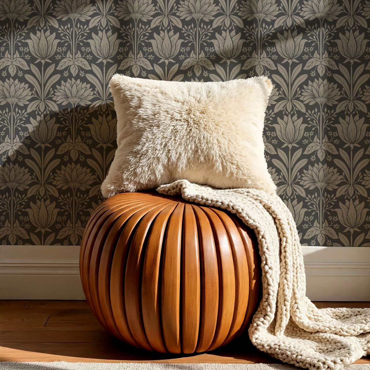Shiloh Tulip Damask Ash Wallpaper