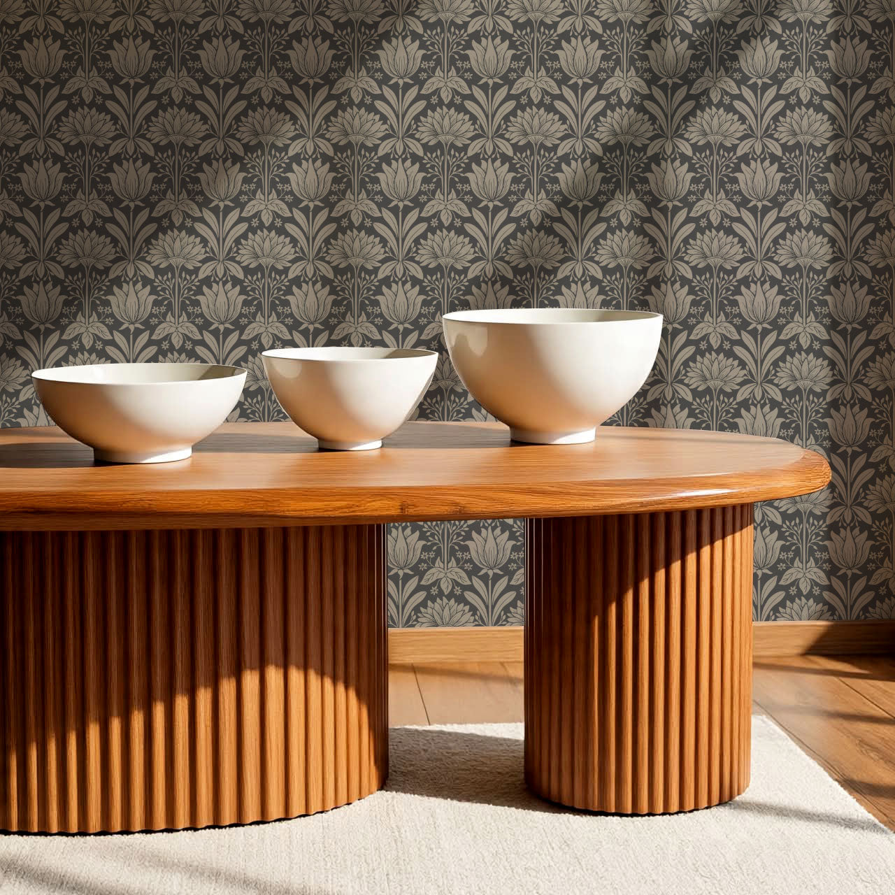 Shiloh Tulip Damask Ash Wallpaper