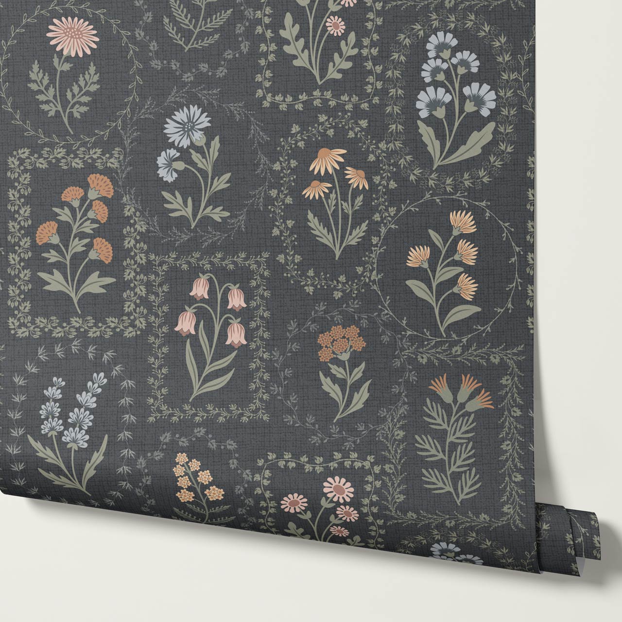 Sima Vintage Wildflowers Slate Muted Pastel Wallpaper