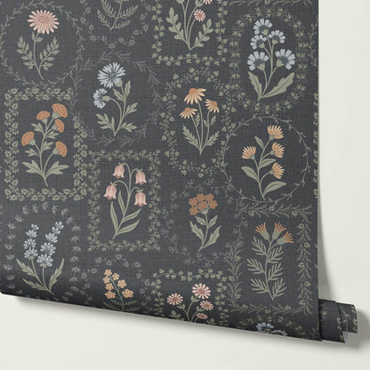 Sima Vintage Wildflowers Slate Muted Pastel Wallpaper