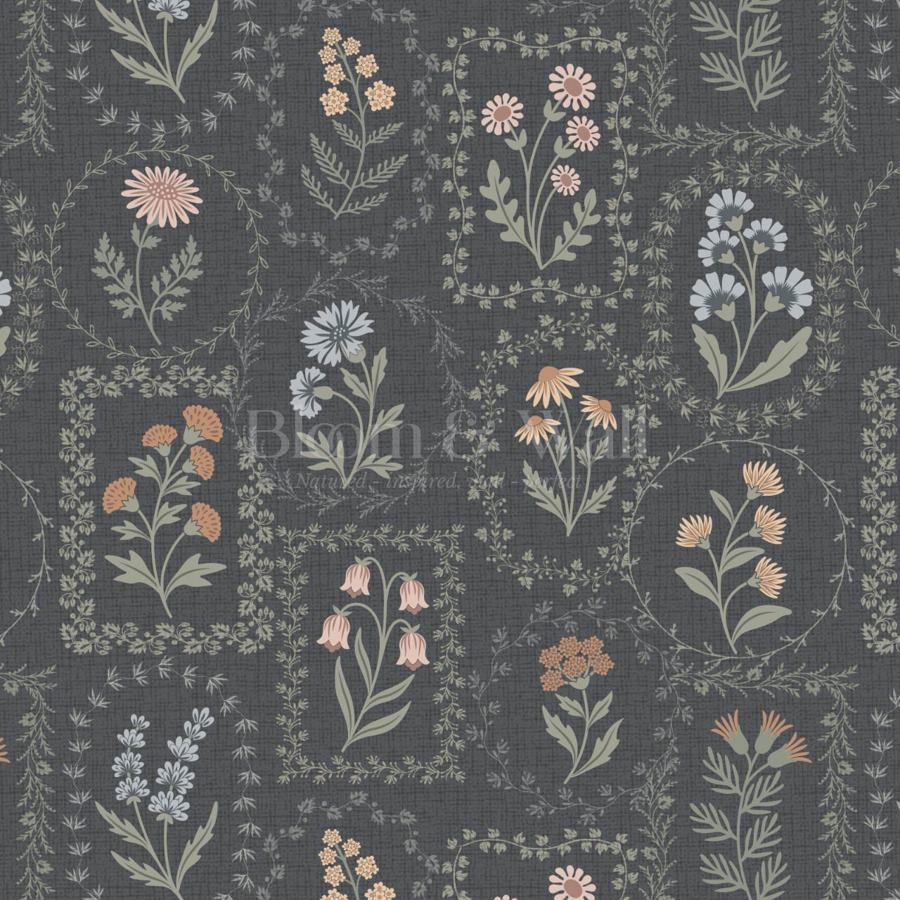 Sima Vintage Wildflowers Slate Muted Pastel Wallpaper