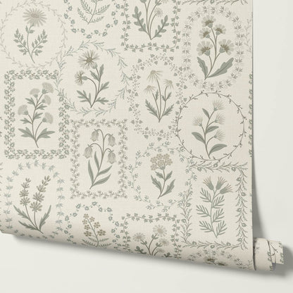 Sima Vintage Wildflowers Neutral Olive Ivory Wallpaper