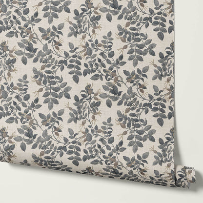 Sonia Wild Rose Trail Linen Taupe Gray Blue Wallpaper
