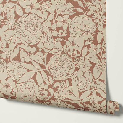 Soraya Peony Rose Floral Mocha Taupe Wallpaper