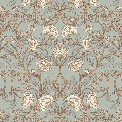 Sue Heritage Peony Floral Cyan Cream Wallpaper