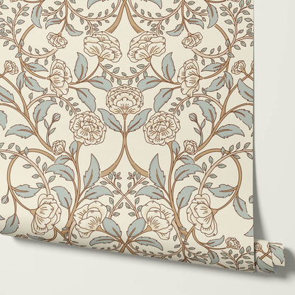 Sue Heritage Peony Floral Beige Sage Wallpaper