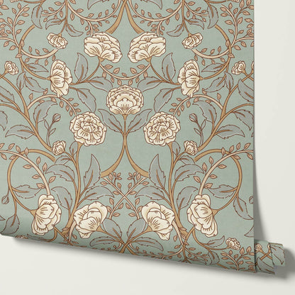 Sue Heritage Peony Floral Cyan Cream Wallpaper