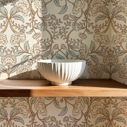 Sue Heritage Peony Floral Beige Sage Wallpaper
