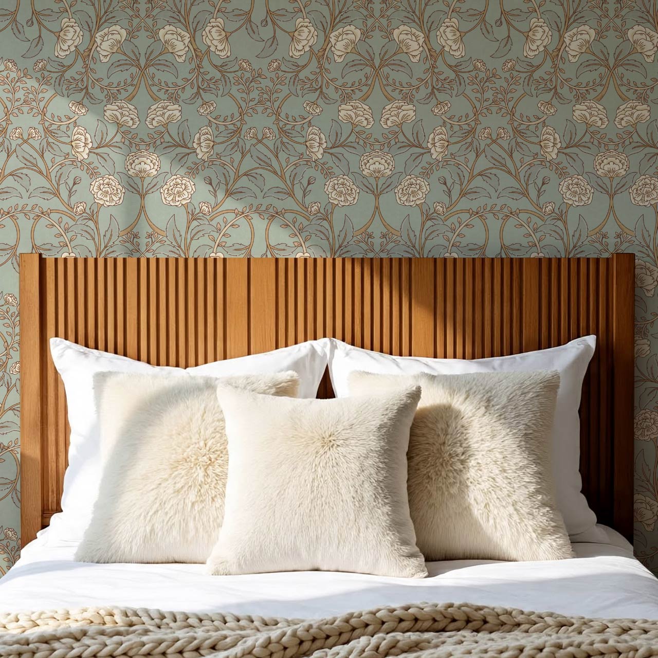 Sue Heritage Peony Floral Cyan Cream Wallpaper
