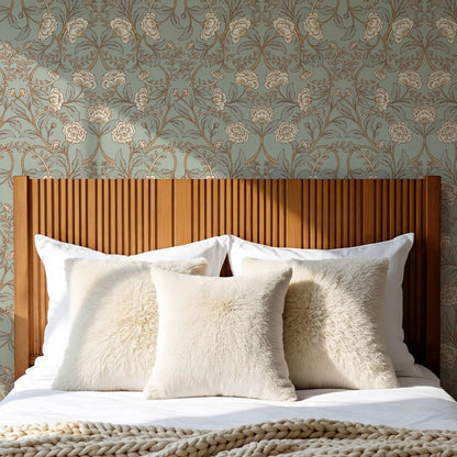 Sue Heritage Peony Floral Cyan Cream Wallpaper