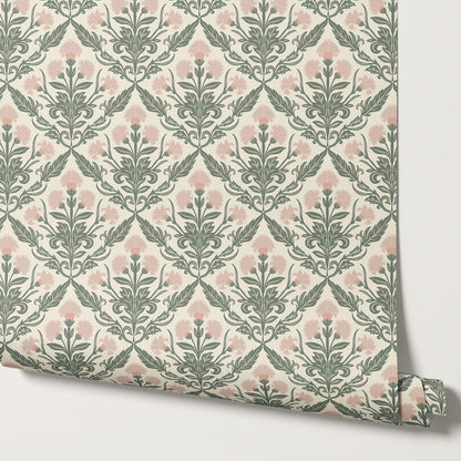 Summer Thistle Damask Blush Wallpaper