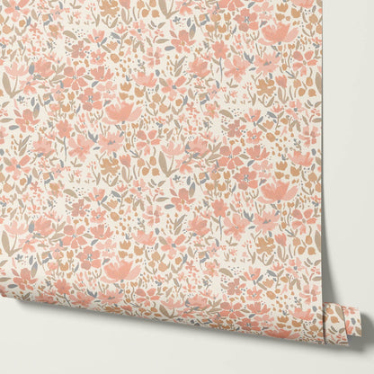 Tatum Blooming Field Coral Wallpaper