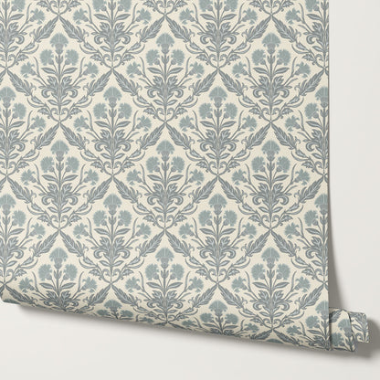 Summer Thistle Damask Slate Cream Wallpaper