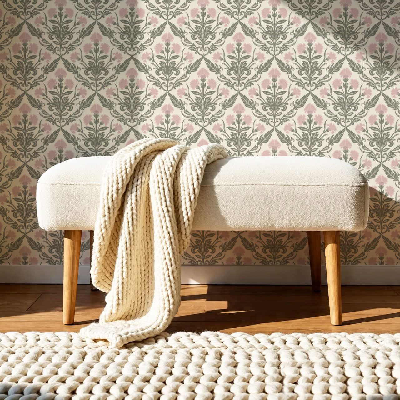 Summer Thistle Damask Pink Wallpaper