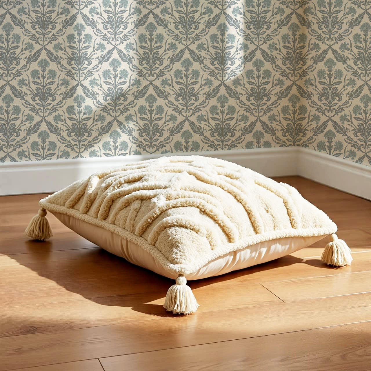 Summer Thistle Damask Slate Cream Wallpaper