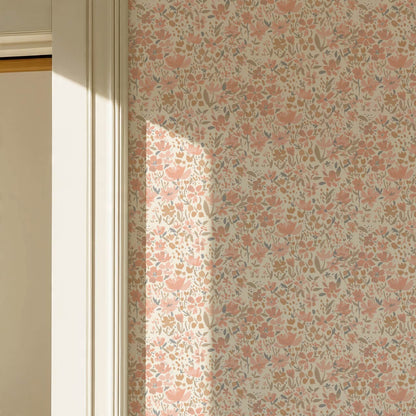 Tatum Blooming Field Coral Wallpaper