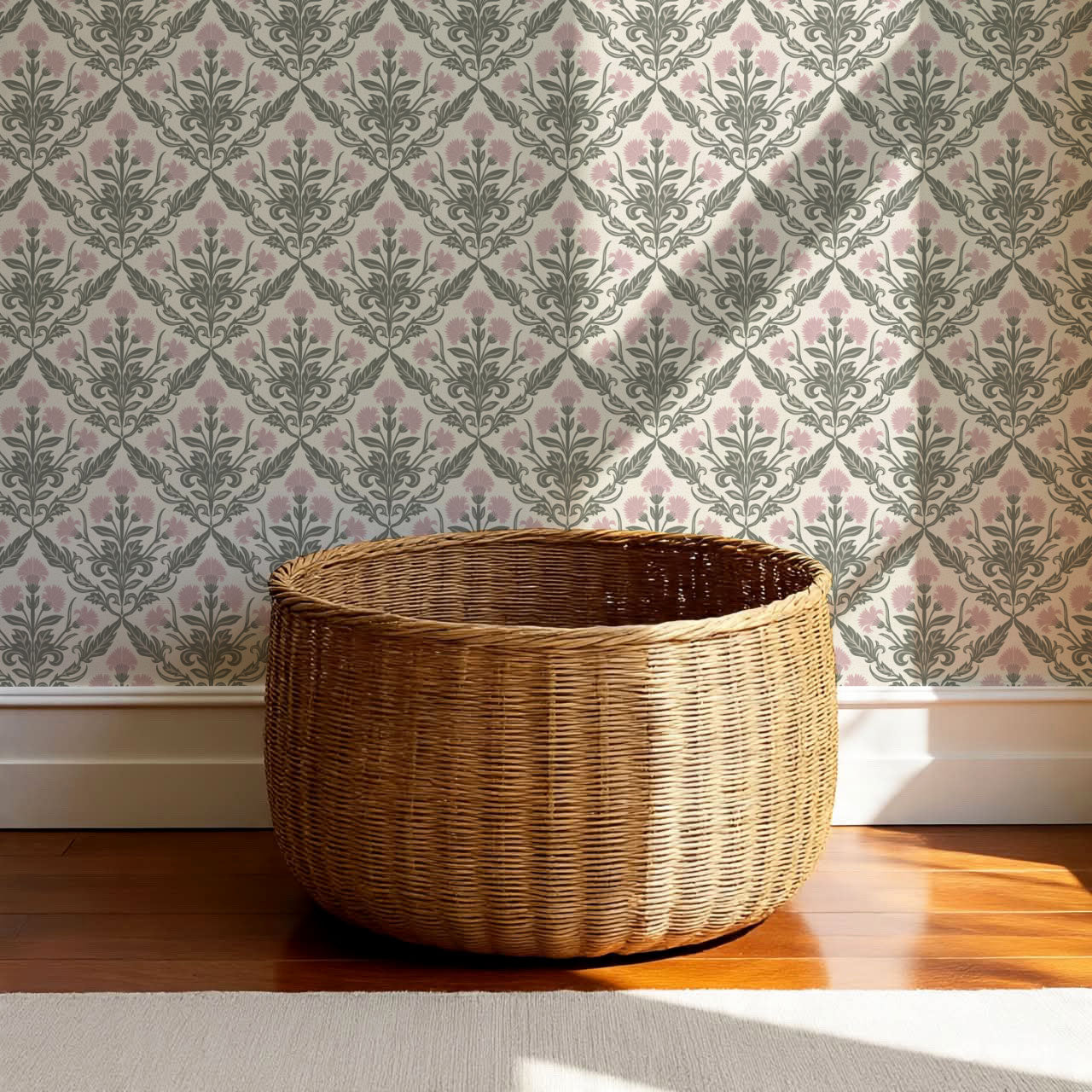 Summer Thistle Damask Pink Wallpaper