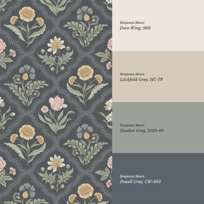 Sunia Botanical Scalloped Floral Muted Pastel Slate Wallpaper