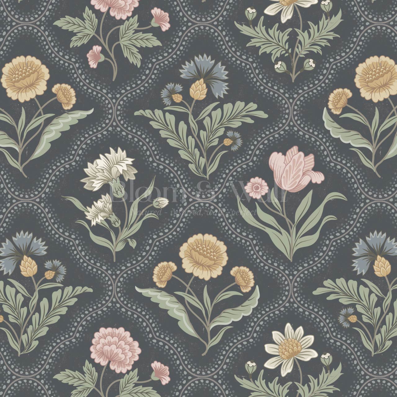 Sunia Botanical Scalloped Floral Muted Pastel Slate Wallpaper