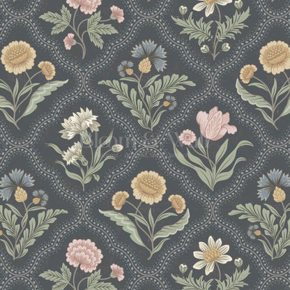 Sunia Botanical Scalloped Floral Muted Pastel Slate Wallpaper