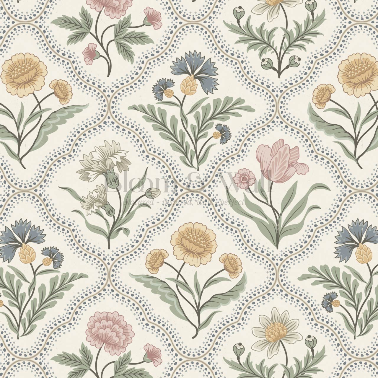 Sunia Botanical Scalloped Floral Pastel Ivory Wallpaper