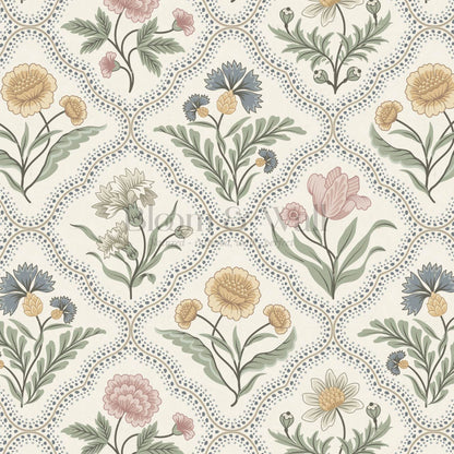 Sunia Botanical Scalloped Floral Pastel Ivory Wallpaper