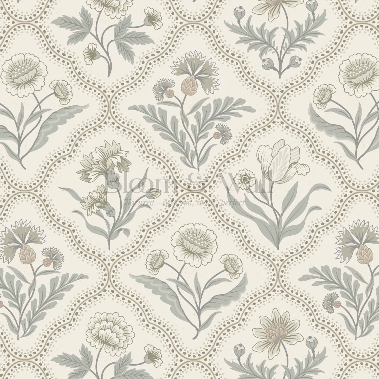 Sunia Botanical Scalloped Floral Muted Sage Ivory Wallpaper