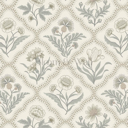 Sunia Botanical Scalloped Floral Muted Sage Ivory Wallpaper