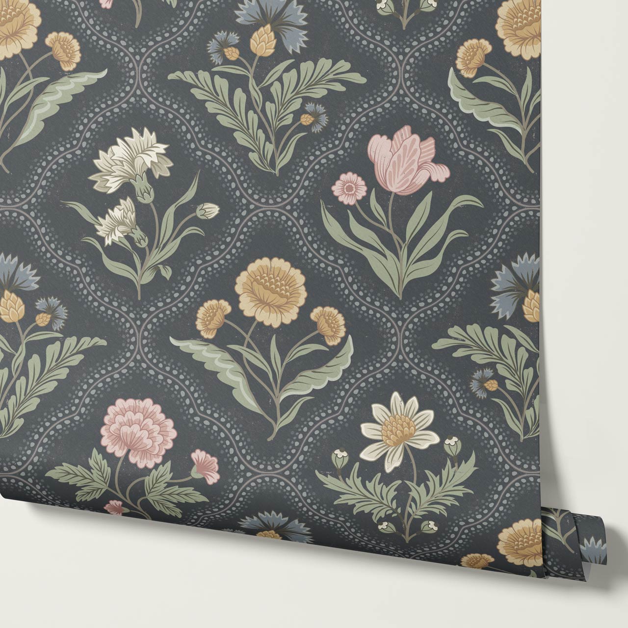 Sunia Botanical Scalloped Floral Muted Pastel Slate Wallpaper