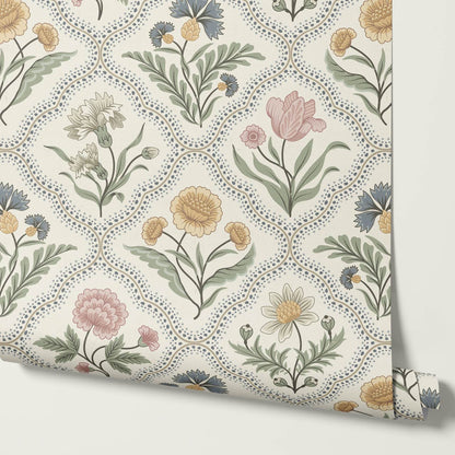 Sunia Botanical Scalloped Floral Pastel Ivory Wallpaper
