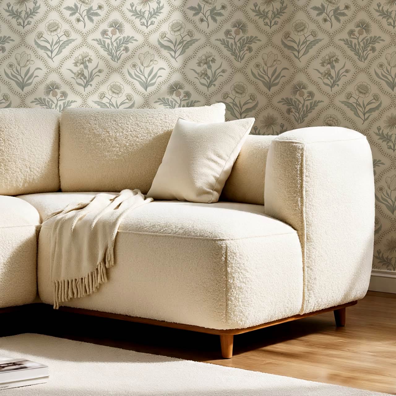 Sunia Botanical Scalloped Floral Muted Sage Ivory Wallpaper