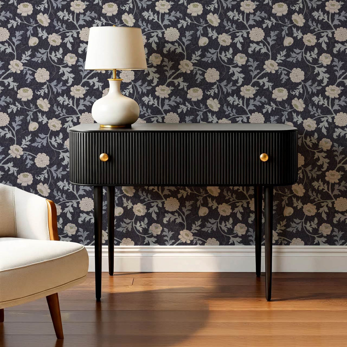 Susana Twining Garden Midnight Blue Beige Wallpaper