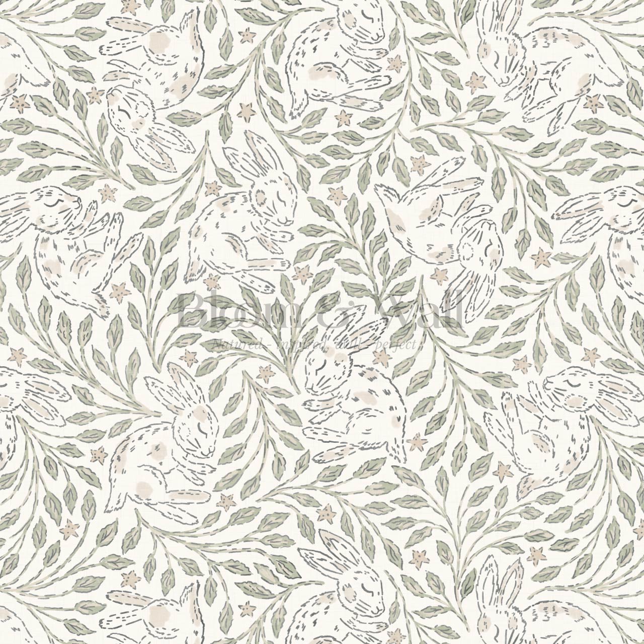 Tania Sleeping Bunny Cream Pale Sage Wallpaper