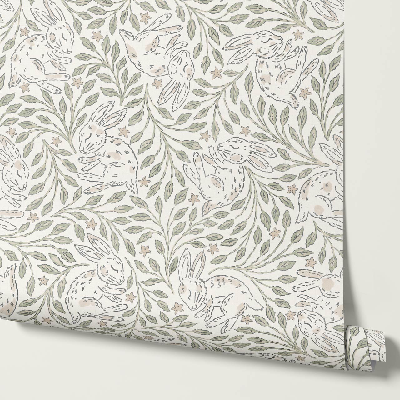 Tania Sleeping Bunny Cream Pale Sage Wallpaper