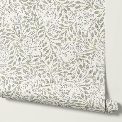 Tania Sleeping Bunny Cream Pale Sage Wallpaper